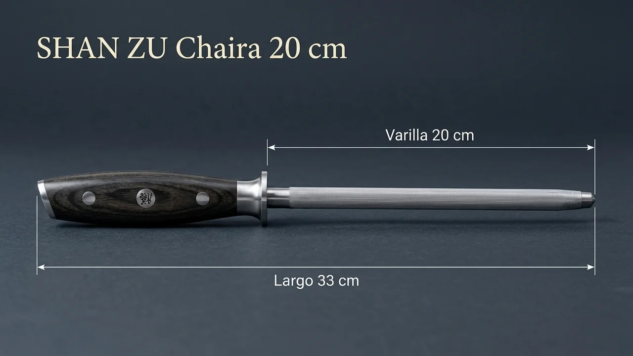 Chaira de afilar SHAN ZU Classic acotada: varilla de 20 cm y 33 cm de largo total con mango de arce