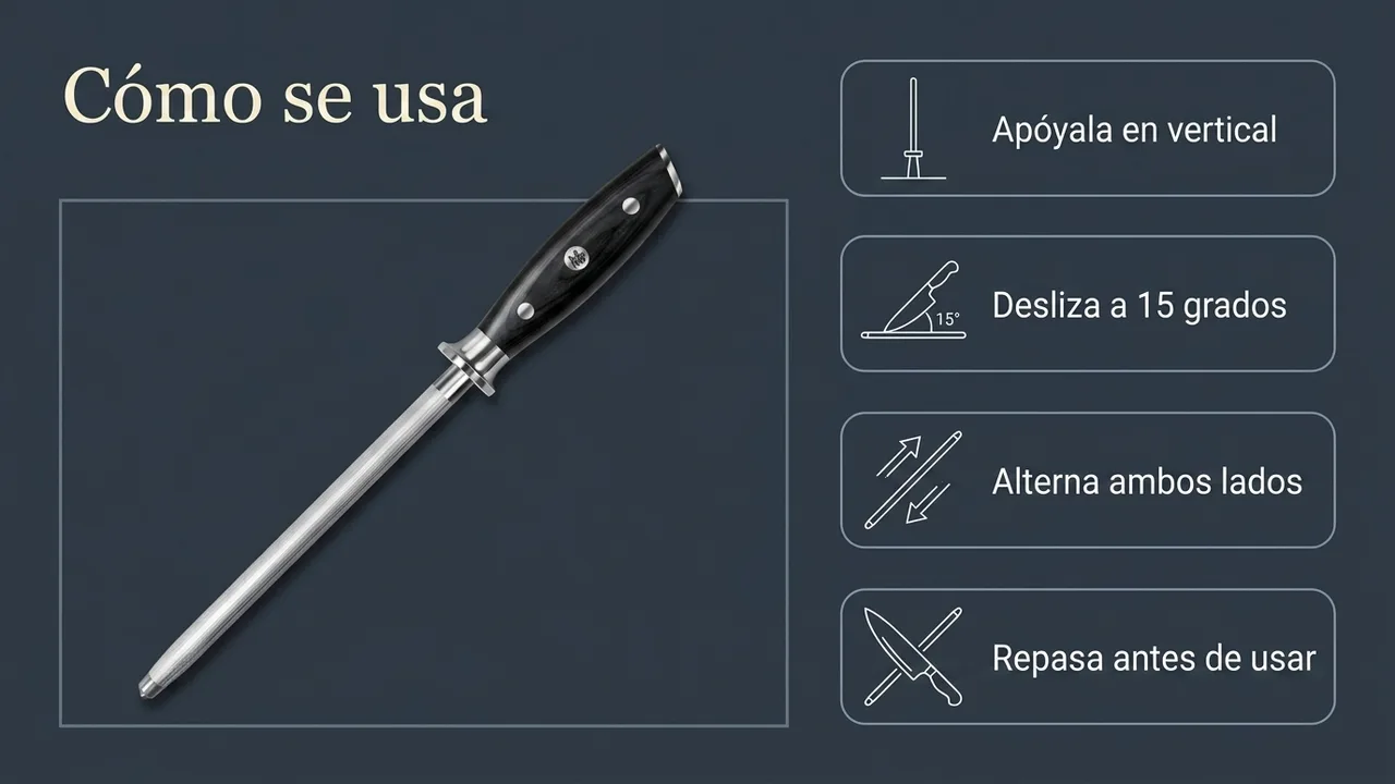 Cómo usar la chaira SHAN ZU Classic: apoyarla en vertical, deslizar a 15 grados y alternar ambos lados del filo