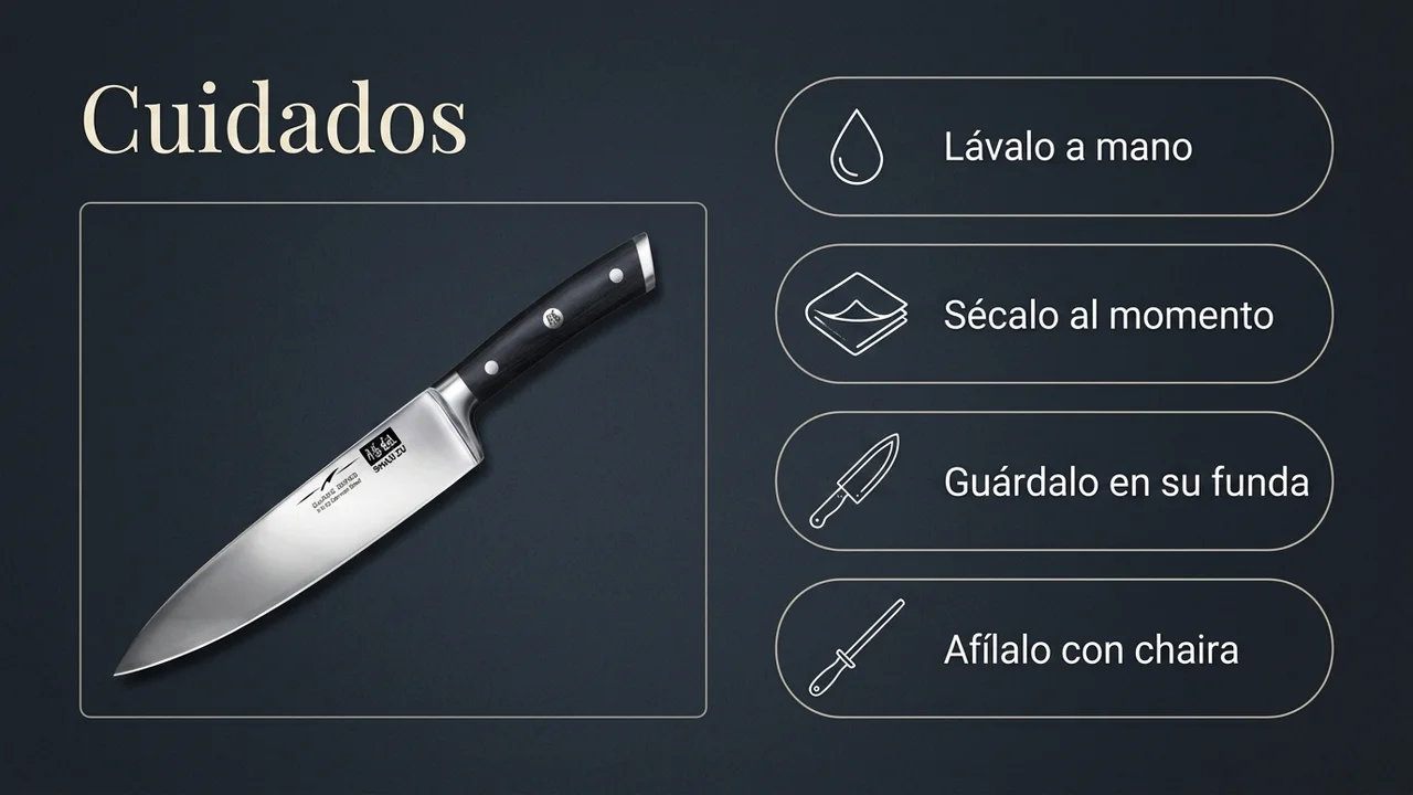 Cuidados del chef SHAN ZU Classic: lavar a mano, secar al momento, guardar en su funda y repasar con chaira