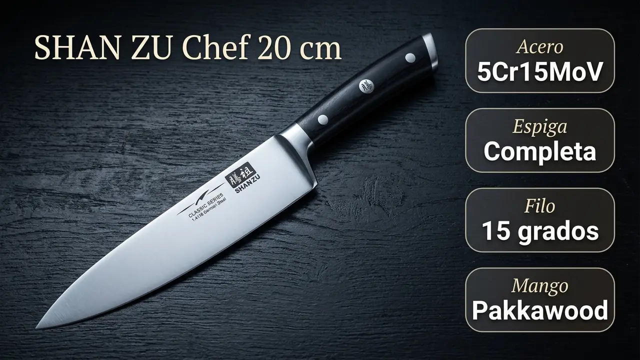 Datos del chef SHAN ZU Classic de 20 cm: acero 5Cr15MoV, espiga completa, filo a 15 grados y mango de pakkawood