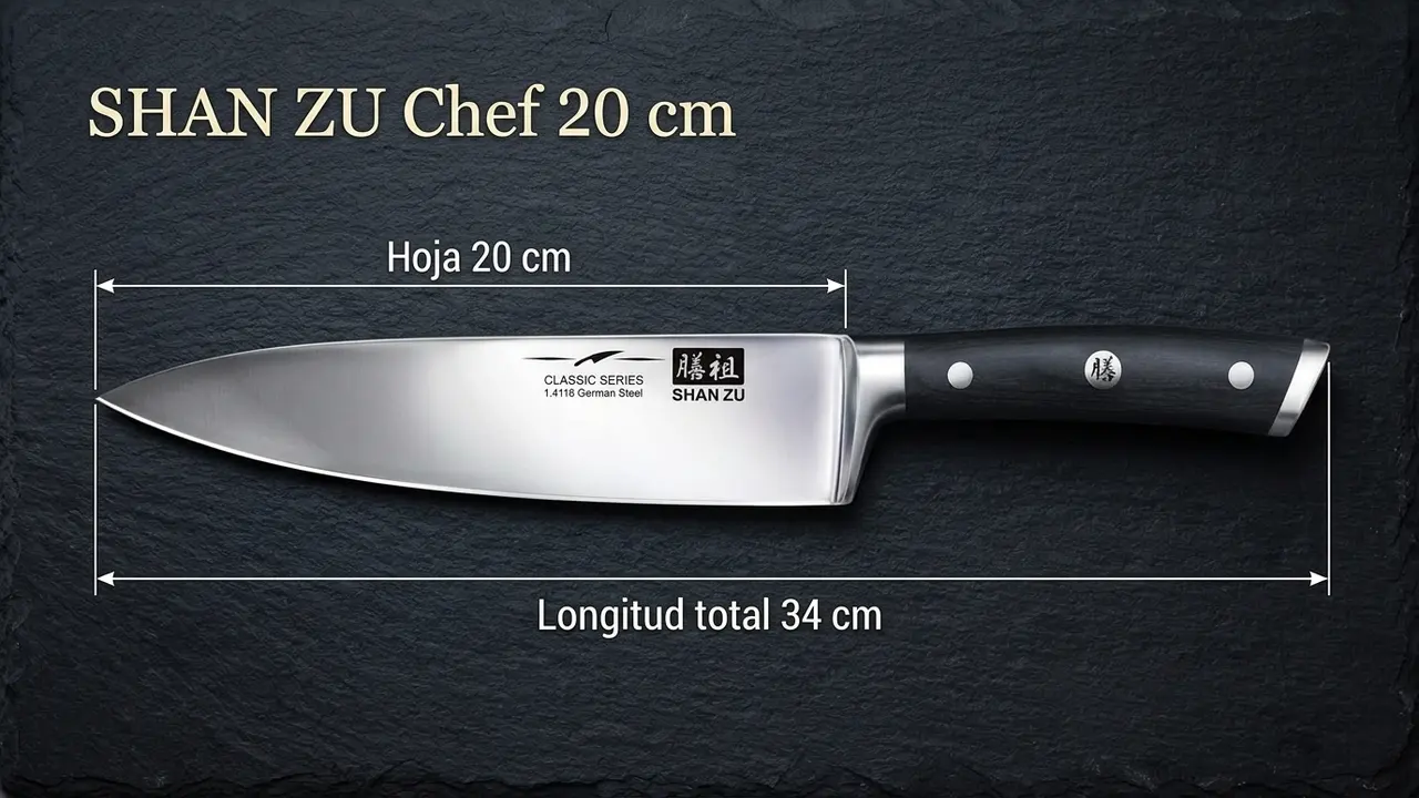 Cuchillo de chef SHAN ZU Classic acotado sobre pizarra: hoja de 20 cm y 34 cm de longitud total