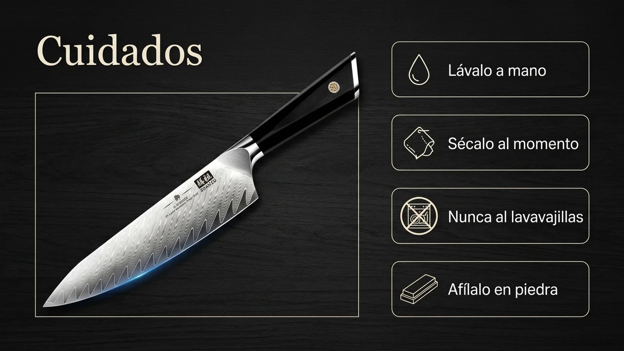 Cuidados del chef SHAN ZU GYO de damasco: lavar a mano, secar al momento, nunca al lavavajillas y afilar en piedra