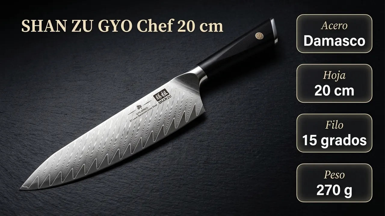 Datos del chef SHAN ZU GYO: acero damasco de 67 capas, hoja de 20 cm, filo a 15 grados y 270 gramos