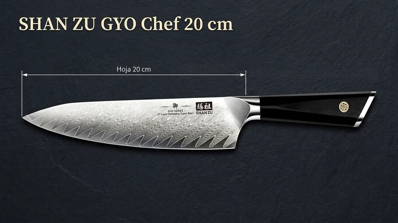 Cuchillo de chef SHAN ZU GYO de damasco acotado: hoja de 20 cm con patrón de 67 capas