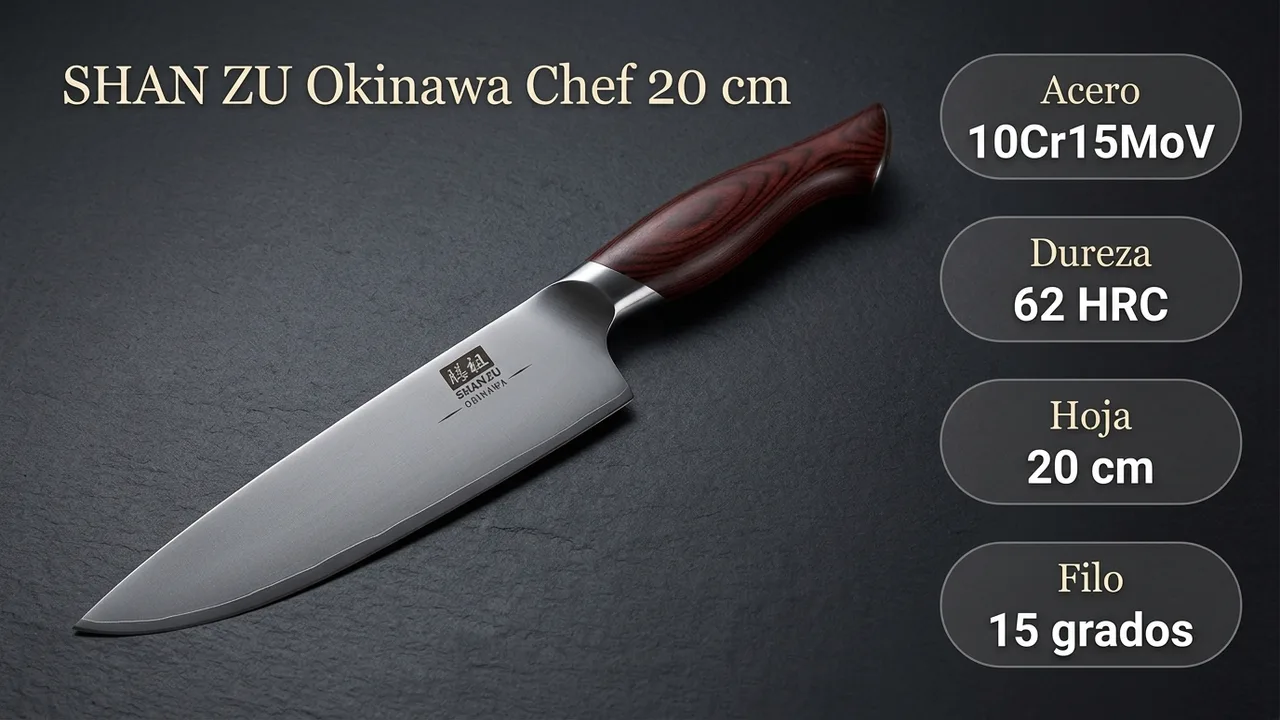 Datos del chef SHAN ZU Okinawa: acero 10Cr15MoV de 62 HRC, hoja de 20 cm y filo a 15 grados