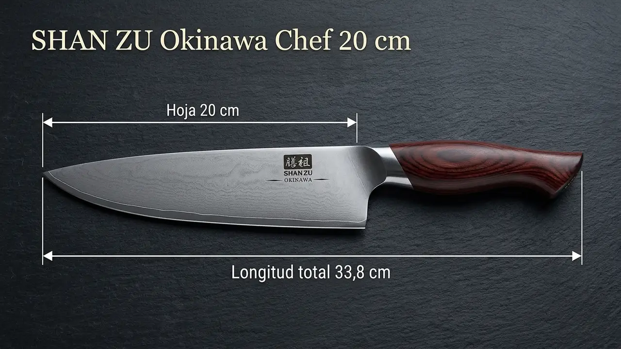 Cuchillo de chef SHAN ZU Okinawa acotado: hoja de 20 cm y 33,8 cm de longitud total