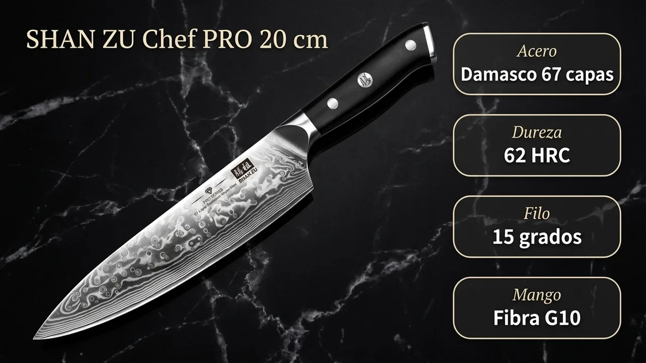 Datos del chef SHAN ZU PRO: damasco de 67 capas a 62 HRC, filo a 15 grados y mango de fibra G10