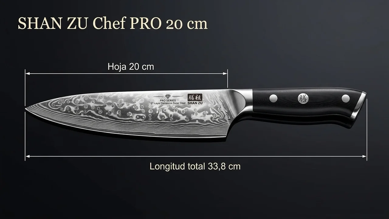 Chef SHAN ZU PRO acotado: hoja de damasco de 20 cm y 33,8 cm de longitud total
