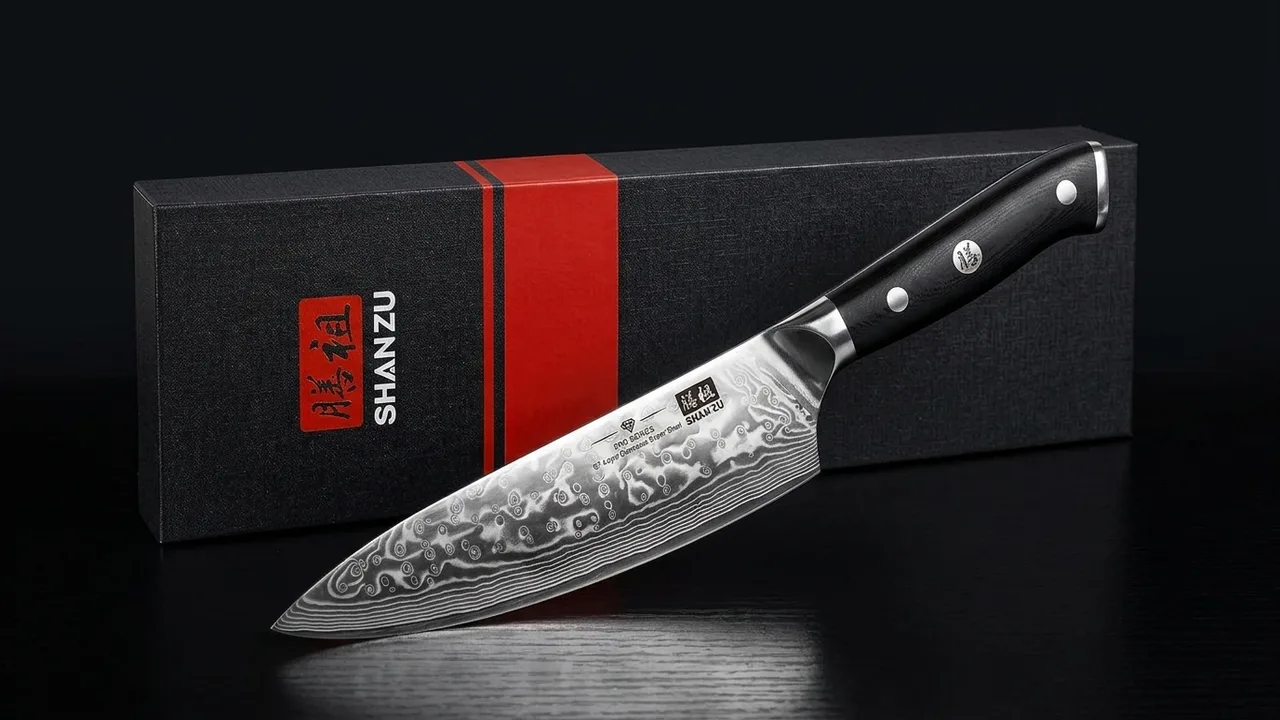 Cuchillo de chef SHAN ZU PRO junto a su caja negra de regalo con la banda roja de la marca