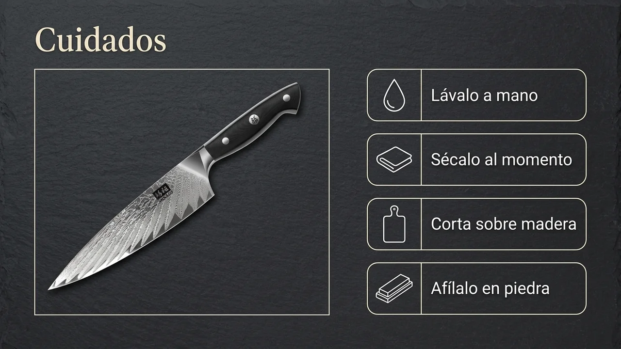 Cuidados del chef SHAN ZU: lavado a mano, secado al momento, corte sobre madera y afilado en piedra