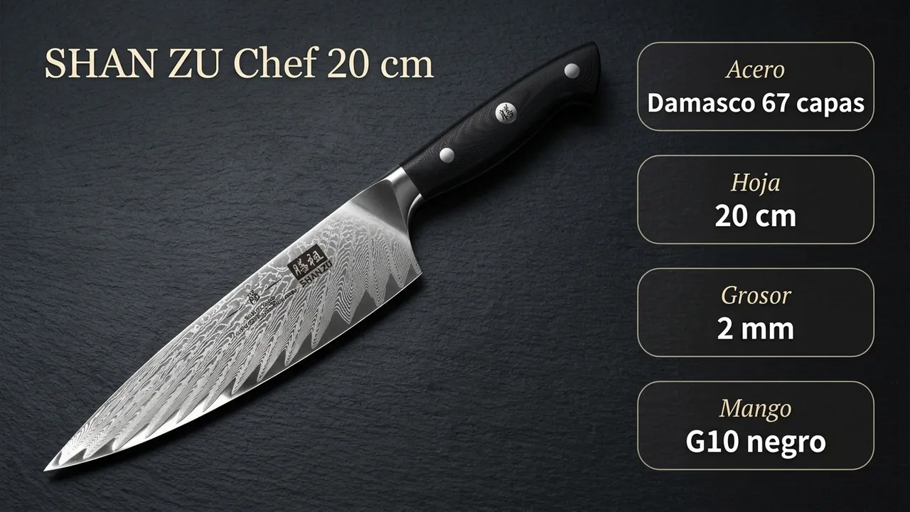 Ficha técnica del chef SHAN ZU: acero damasco de 67 capas, hoja de 20 cm, 2 mm de grosor y mango de G10 negro