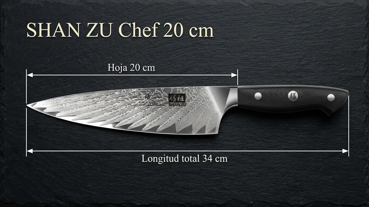 Cuchillo de chef SHAN ZU sobre pizarra oscura, acotado con 20 cm de hoja y 34 cm de longitud total