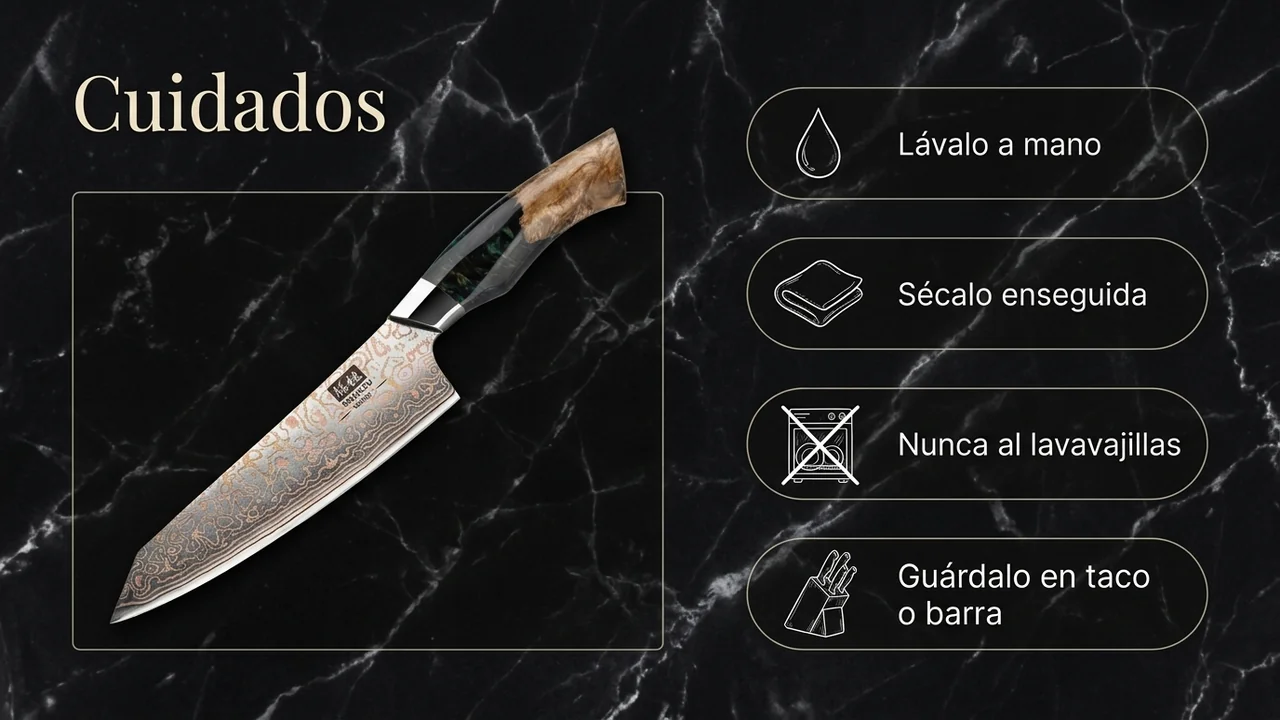 Cuidados del chef SHAN ZU Venus: lavado a mano, secado enseguida, nunca al lavavajillas y guardado en taco o barra