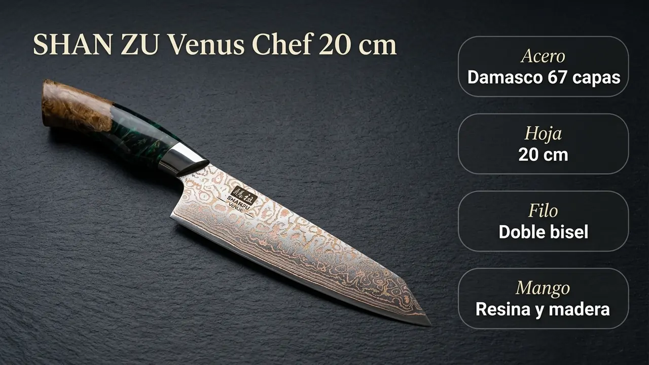 Ficha técnica del chef SHAN ZU Venus: acero damasco de 67 capas cobrizo, hoja de 20 cm, doble bisel y mango de resina y madera
