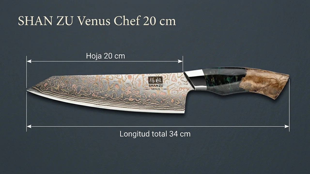 Cuchillo de chef SHAN ZU Venus sobre madera oscura, acotado con 20 cm de hoja y 34 cm de longitud total