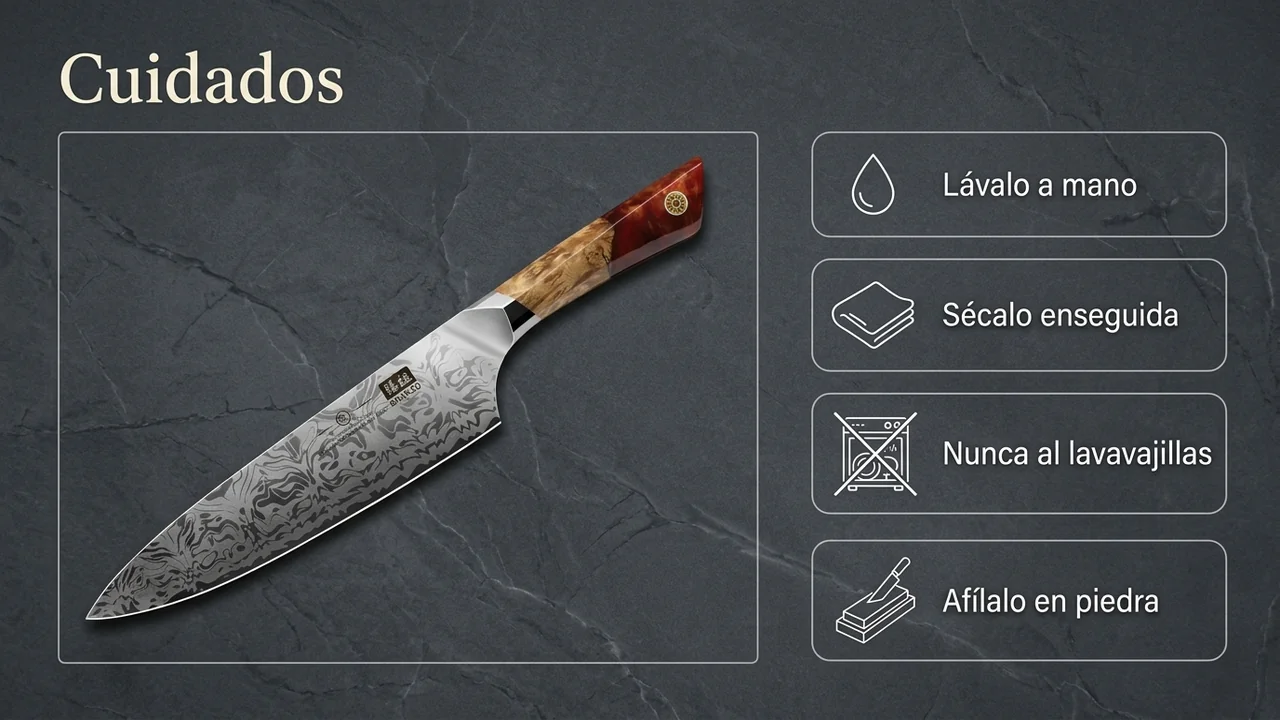 Cuidados del chef SHAN ZU White Tiger: lavado a mano, secado enseguida, nunca al lavavajillas y afilado en piedra