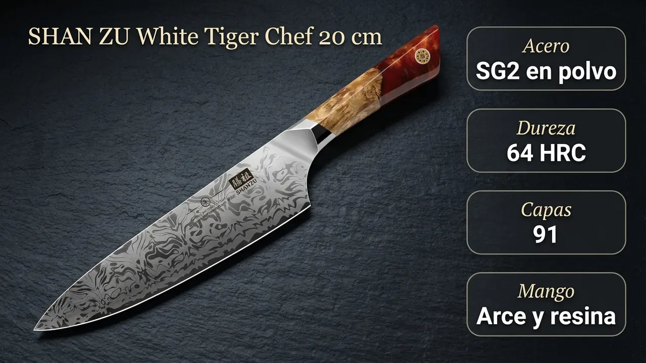 Ficha técnica del chef SHAN ZU White Tiger: núcleo de acero en polvo SG2, 64 HRC, damasco de 91 capas y mango de arce con resina