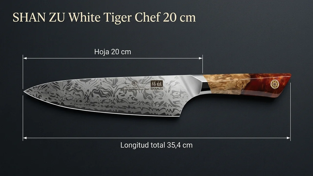 Cuchillo de chef SHAN ZU White Tiger sobre piedra clara, acotado con 20 cm de hoja y 35,4 cm de longitud total