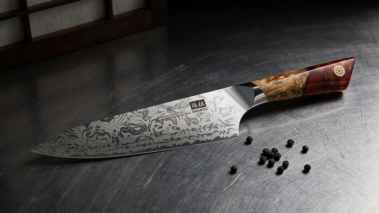 SHAN ZU Cuchillo de Chef 20 cm Damasco SG2 WHITE TIGER, 91 Capas, Mango de Arce
