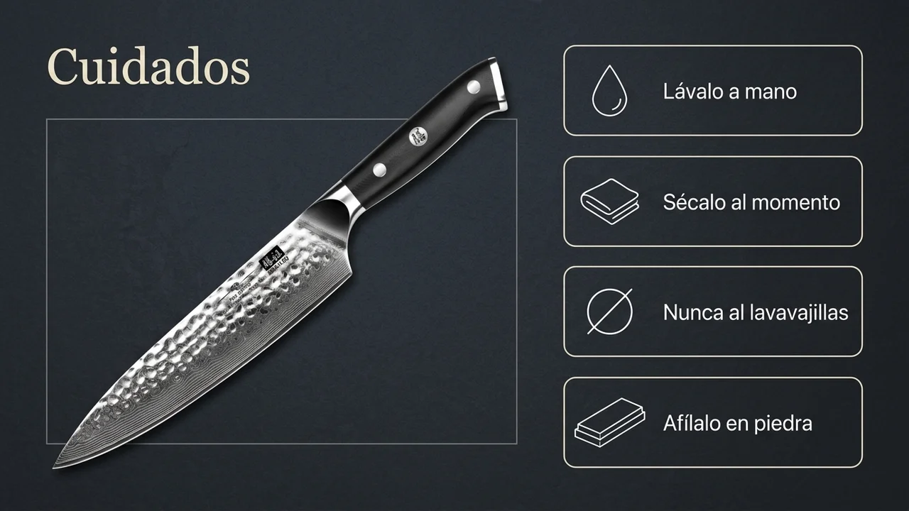 Cuidados del cocinero SHAN ZU PRO de damasco: lavar a mano, secar al momento, nunca al lavavajillas y afilar en piedra