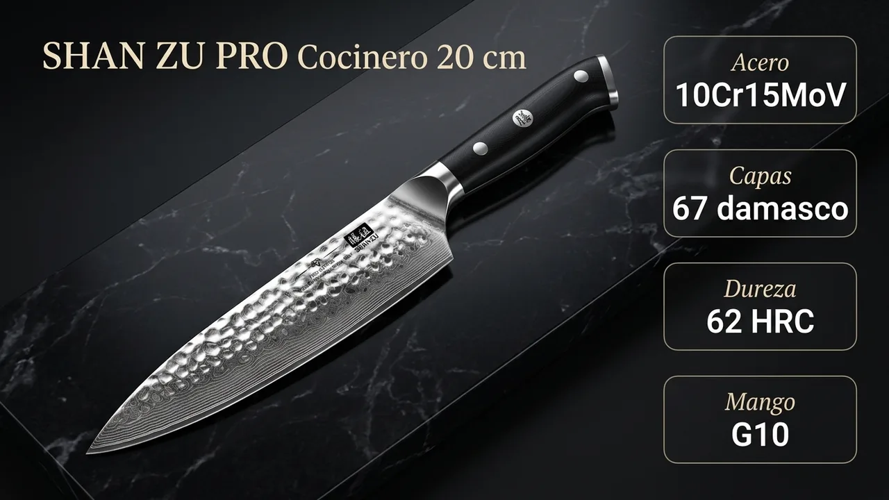 Datos del cocinero SHAN ZU PRO: núcleo 10Cr15MoV, 67 capas de damasco, 62 HRC y mango G10