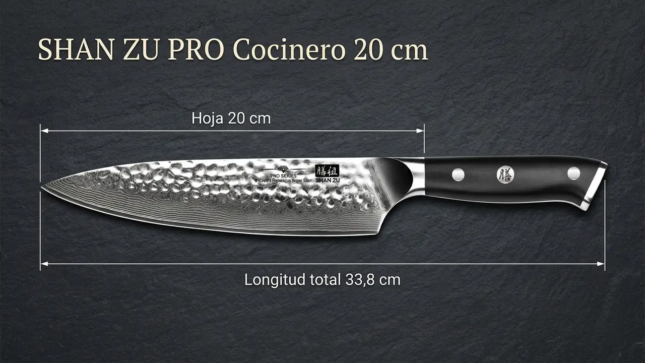 Cuchillo de cocinero SHAN ZU PRO de damasco acotado: hoja de 20 cm y 33,8 cm de longitud total