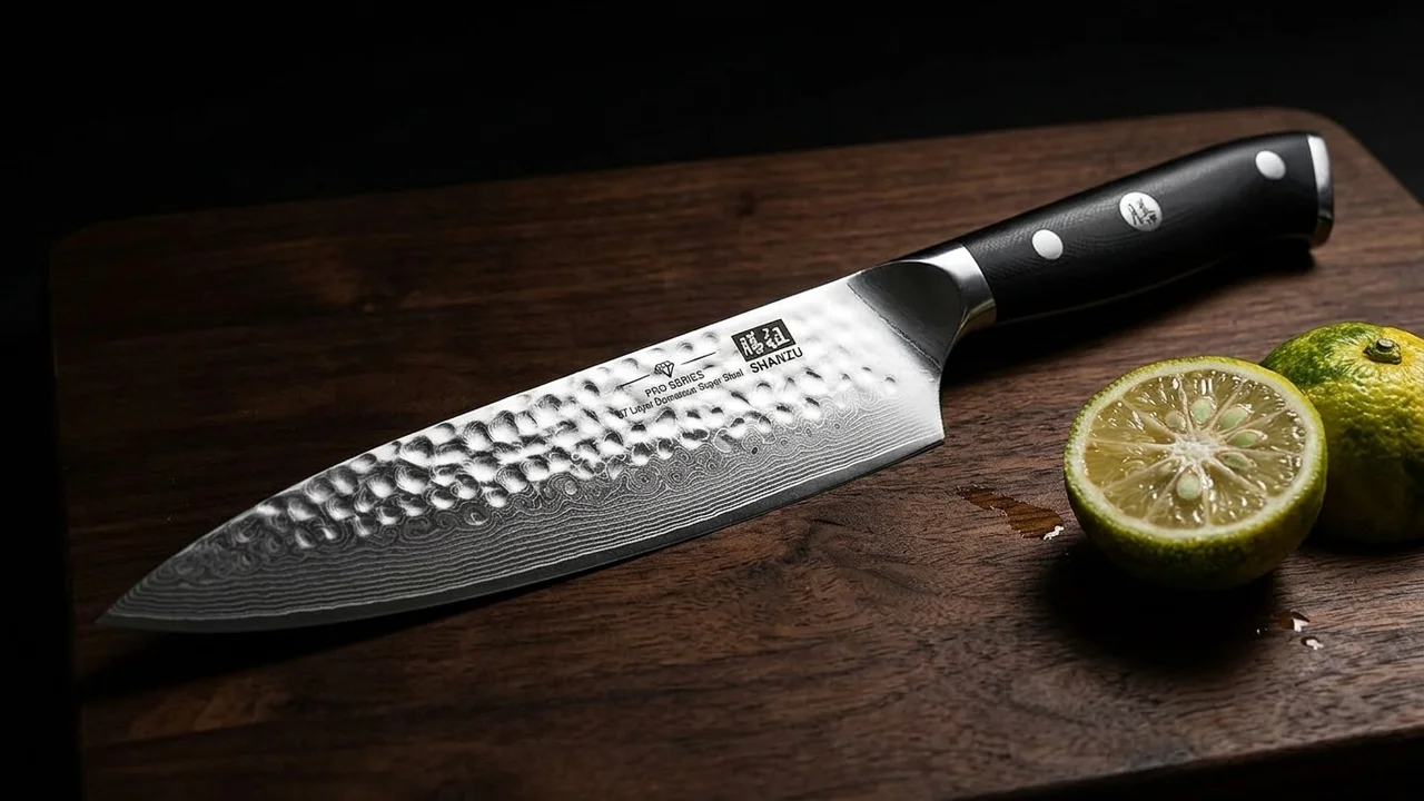 SHAN ZU Cuchillo de Cocinero 20 cm Damasco PRO, Núcleo 10Cr15MoV 67 Capas, Mango G10 (acabado plata)
