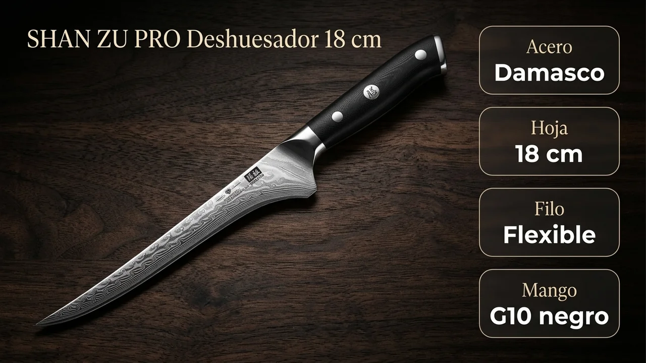 Ficha técnica del deshuesador SHAN ZU PRO: acero damasco, hoja flexible de 18 cm y mango de G10 negro