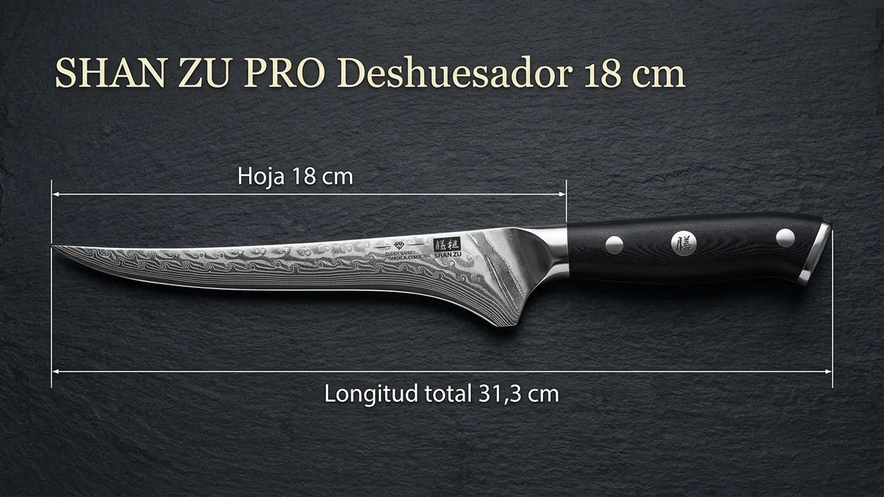 Deshuesador SHAN ZU PRO acotado con 18 cm de hoja y 31,3 cm de longitud total sobre pizarra oscura