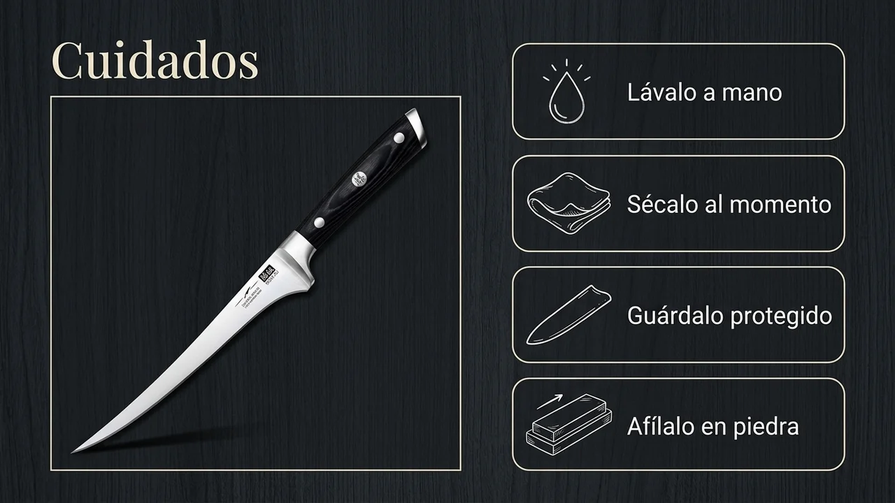 Cuidados del fileteador SHAN ZU Classic: lavar a mano, secar al momento, guardar protegido y afilar en piedra