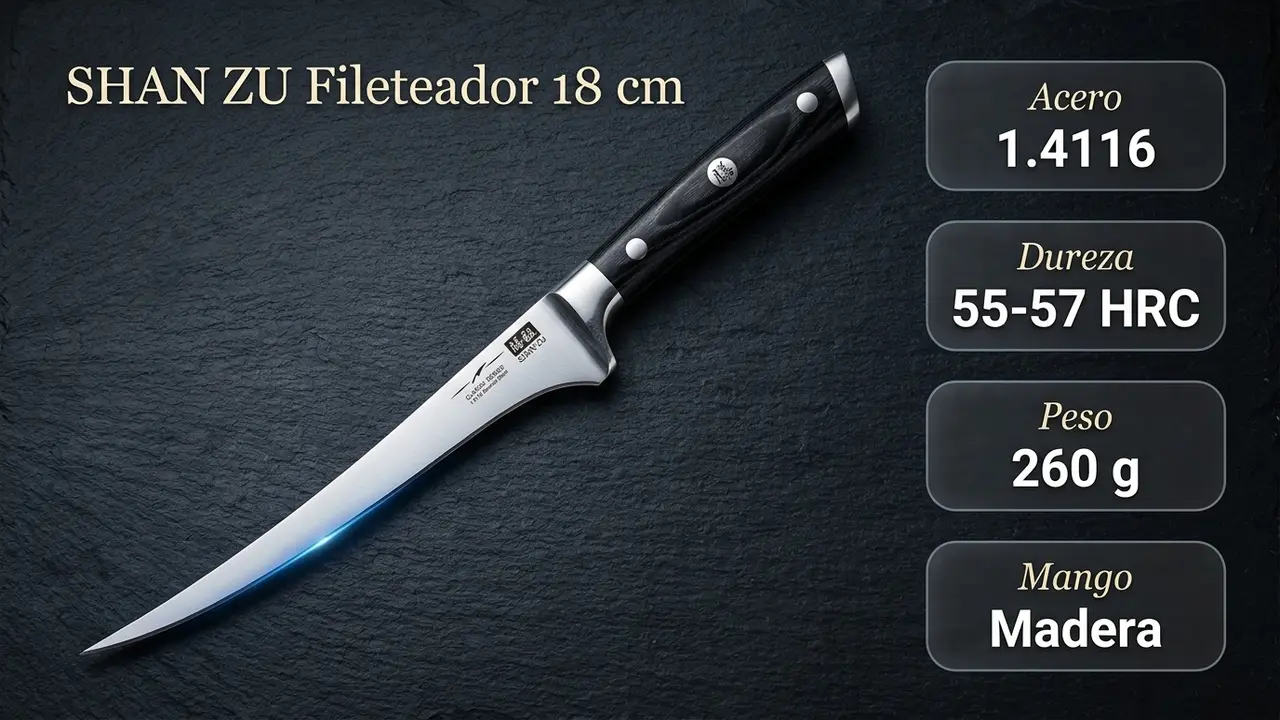 Datos del fileteador SHAN ZU Classic: acero alemán 1.4116 de 55 a 57 HRC, 260 gramos y mango de madera