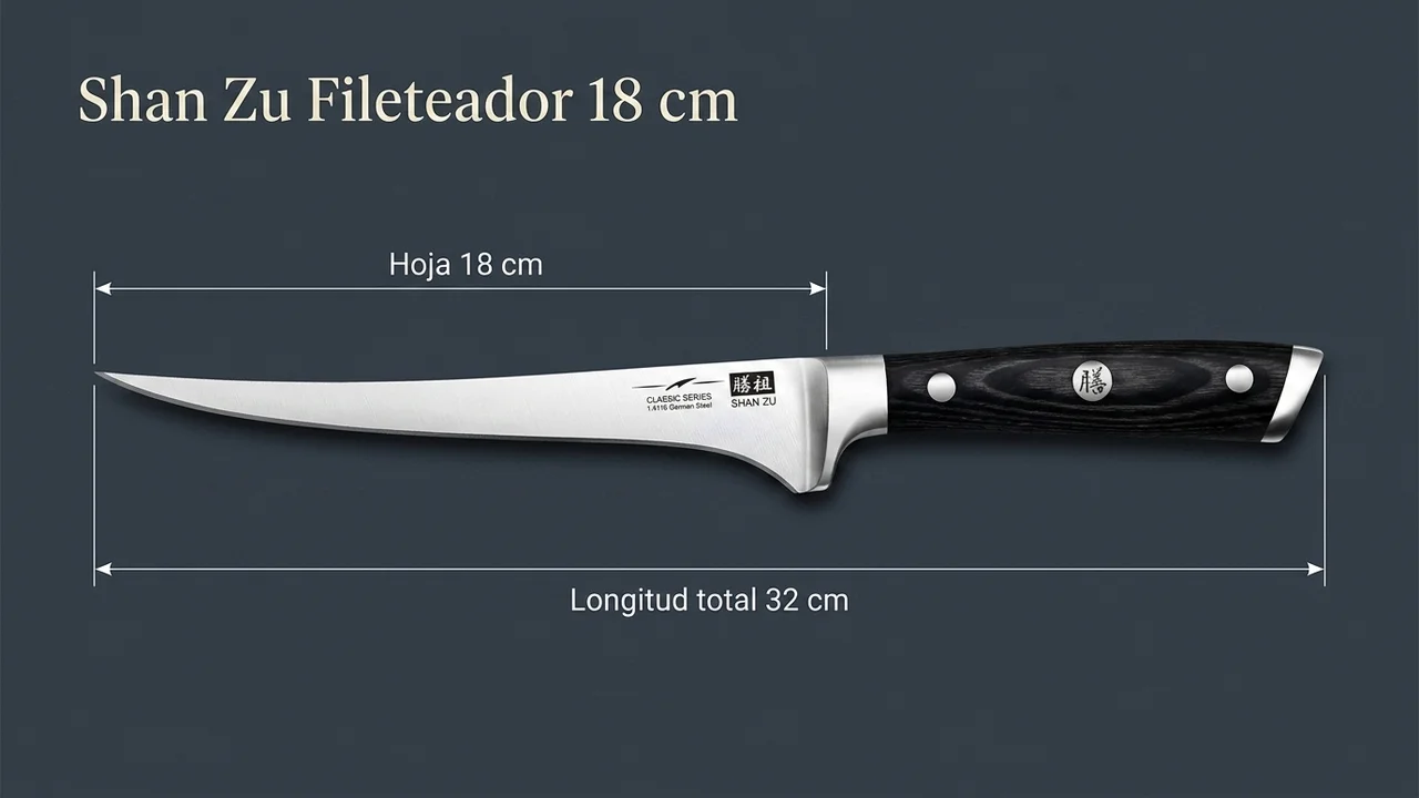 Cuchillo fileteador SHAN ZU Classic acotado: hoja flexible de 18 cm y 32 cm de longitud total