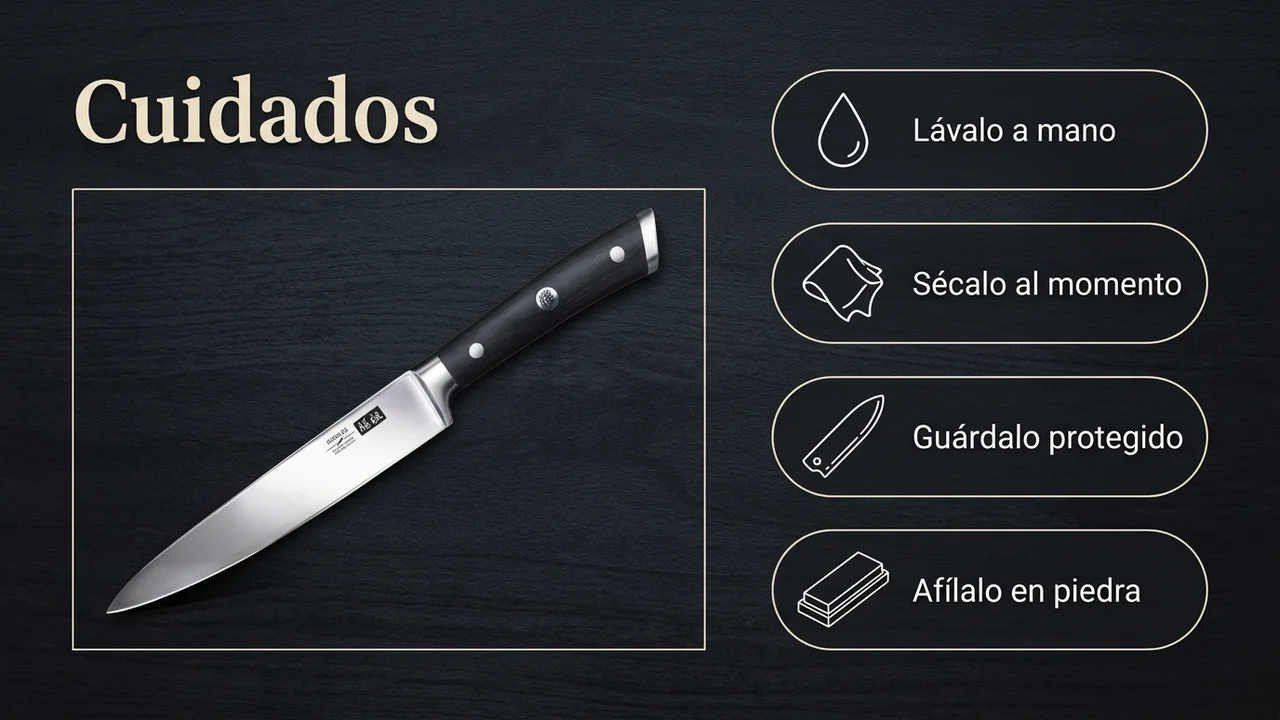 Cuidados del multiusos SHAN ZU Classic: lavar a mano, secar al momento, guardar protegido y afilar en piedra