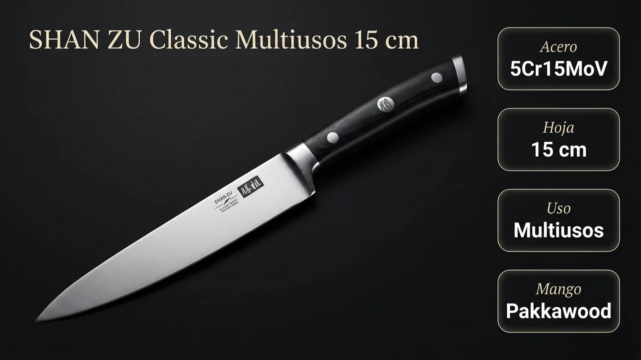 Datos del multiusos SHAN ZU Classic: acero 5Cr15MoV, hoja de 15 cm y mango de pakkawood negro