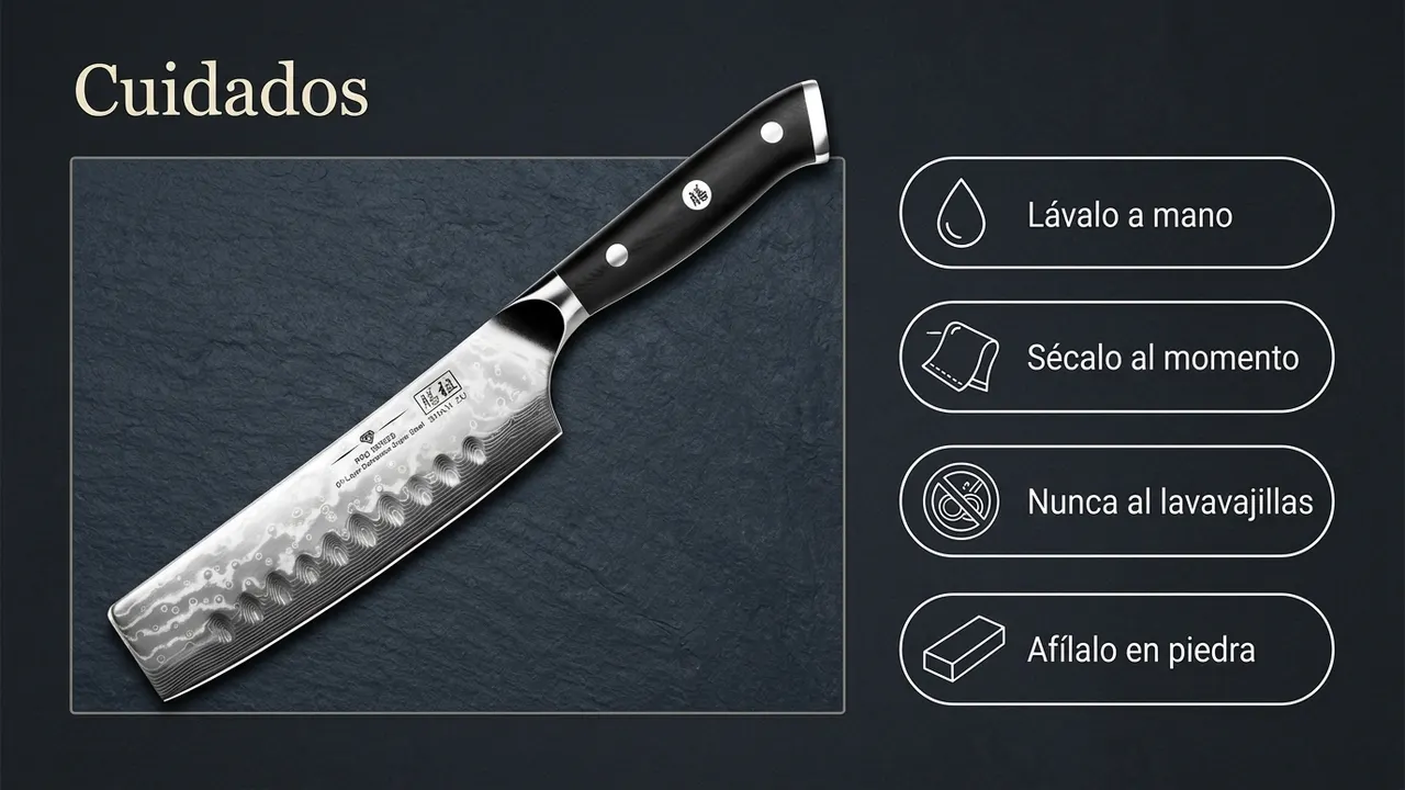 Cuidados del nakiri SHAN ZU PRO de damasco: lavar a mano, secar al momento, nunca al lavavajillas y afilar en piedra