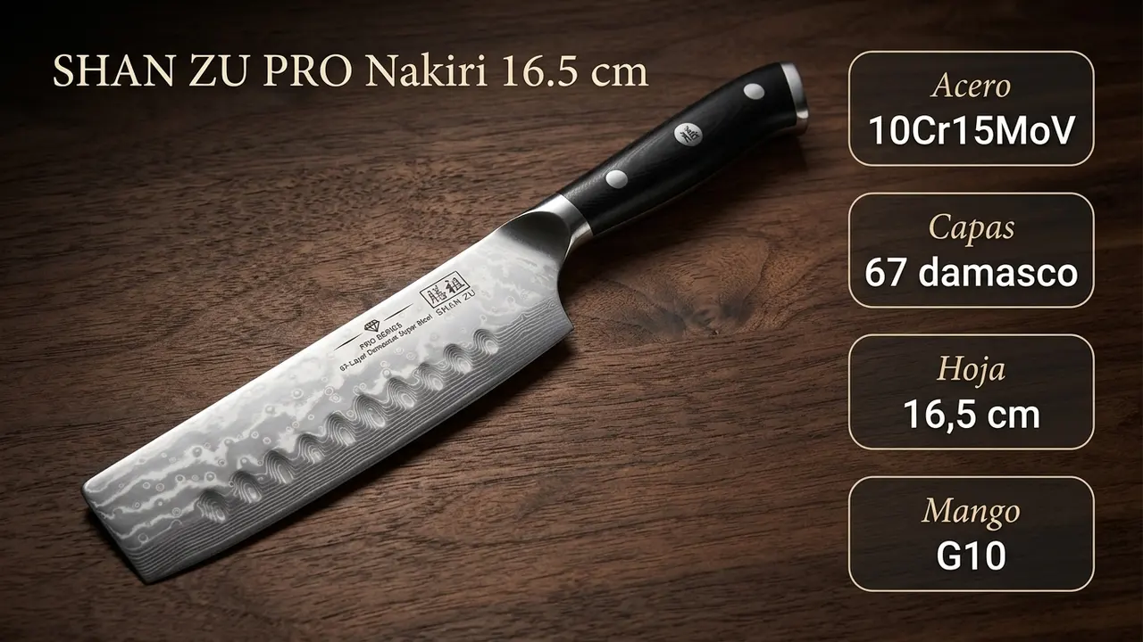 Datos del nakiri SHAN ZU PRO: núcleo 10Cr15MoV, 67 capas de damasco, hoja de 16,5 cm y mango G10