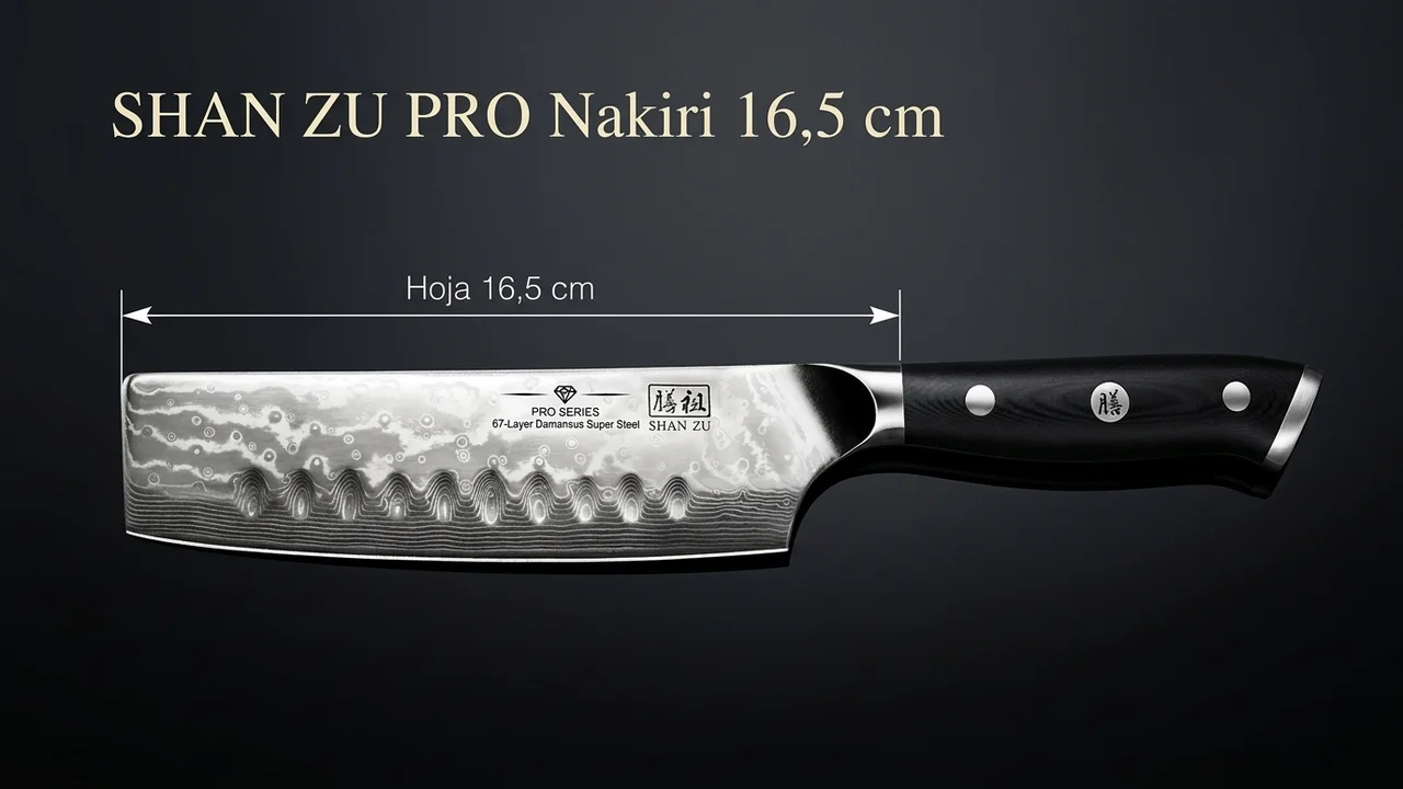 Nakiri SHAN ZU PRO de damasco acotado: hoja rectangular de 16,5 cm con patrón de 67 capas