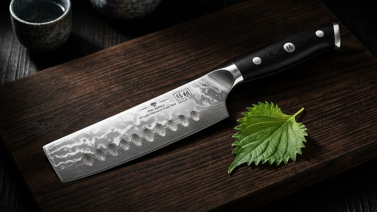 SHAN ZU Cuchillo Nakiri 16,5 cm Damasco PRO, 67 Capas, Mango G10 (acabado plata)