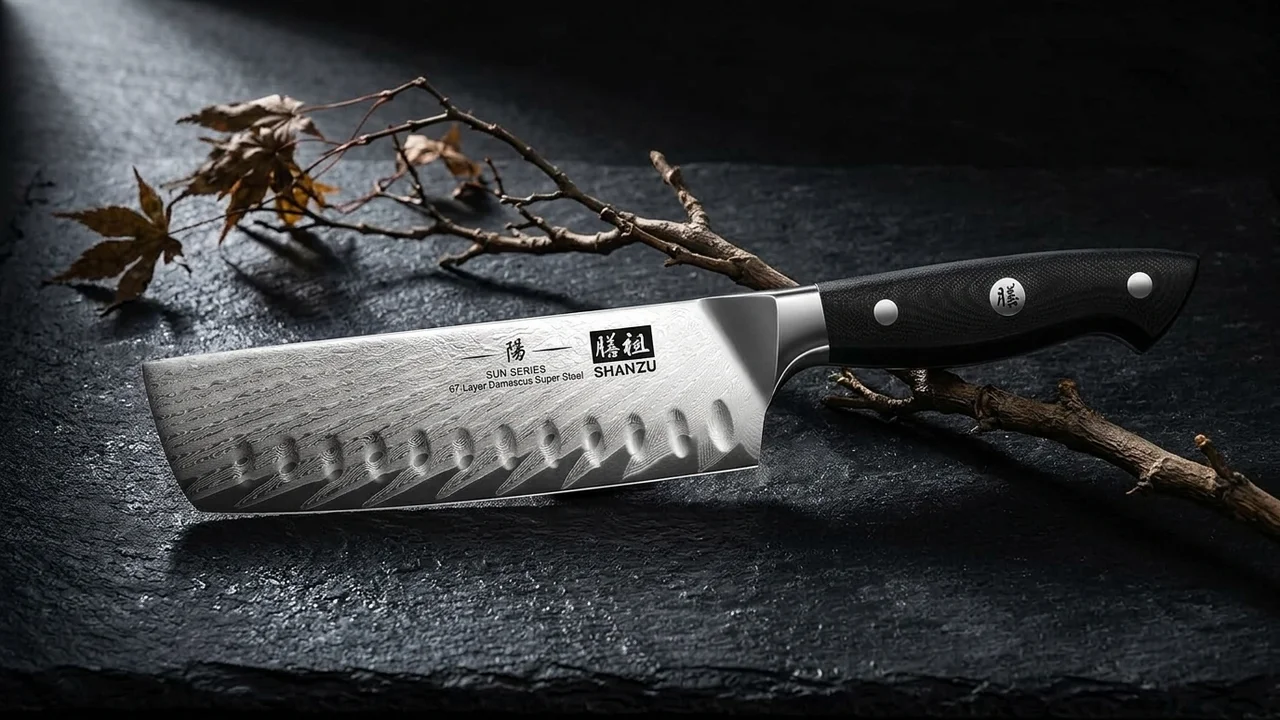 SHAN ZU Cuchillo Nakiri 16,5 cm Damasco AUS-10 SUN, 67 Capas, Mango G10