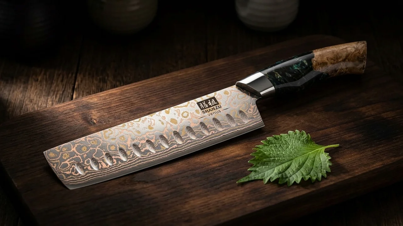 SHAN ZU Cuchillo Nakiri 18 cm Damasco de Cobre VENUS, Cobre+Acero, Mango de Arce