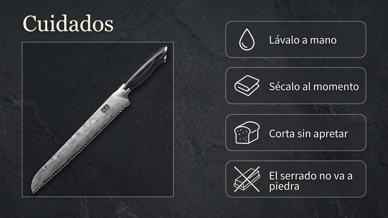 Cuidados del SHAN ZU Koraka panero: lavado a mano, secado inmediato, corte sin apretar y sin afilar en piedra