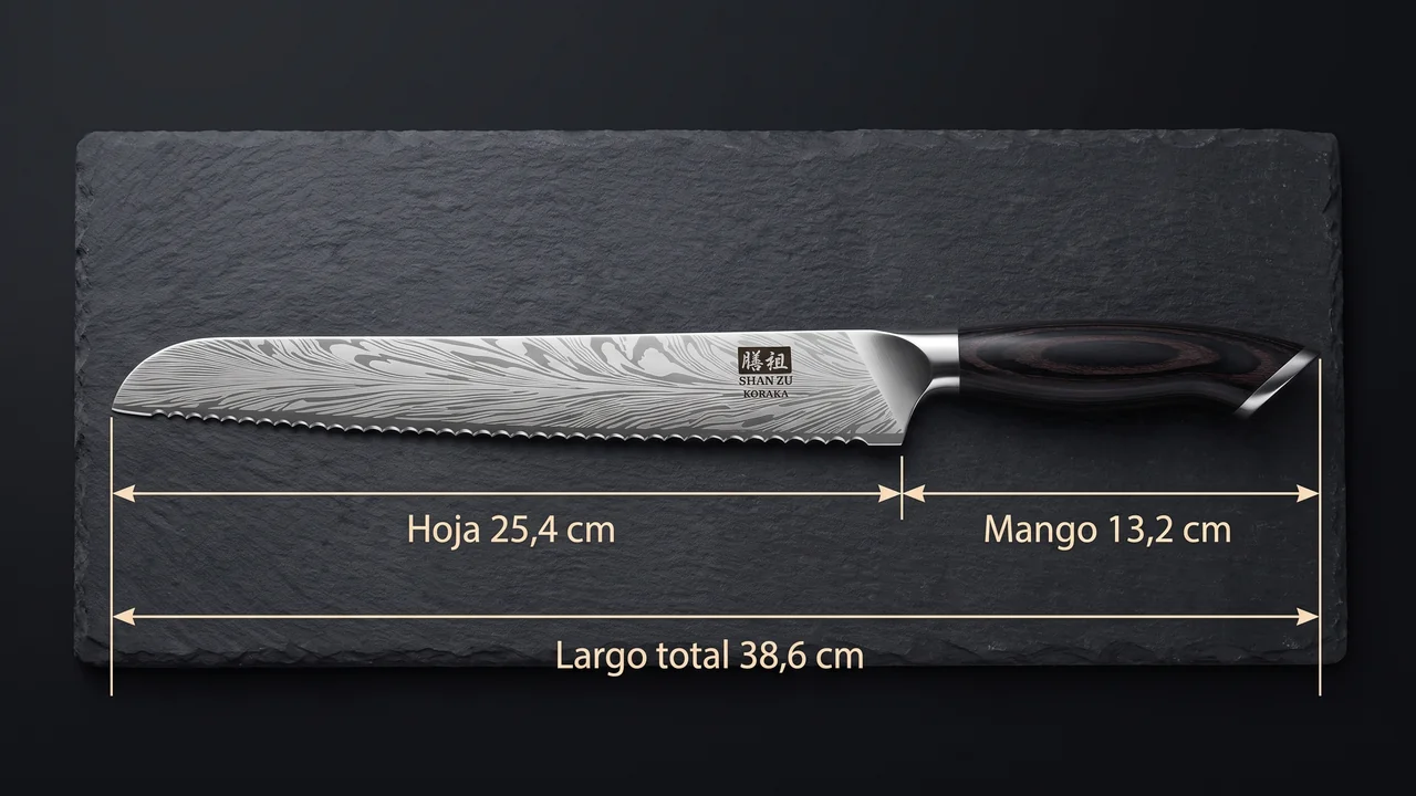 Medidas del SHAN ZU Koraka panero: hoja de 25,4 cm, mango de 13,2 cm y largo total de 38,6 cm