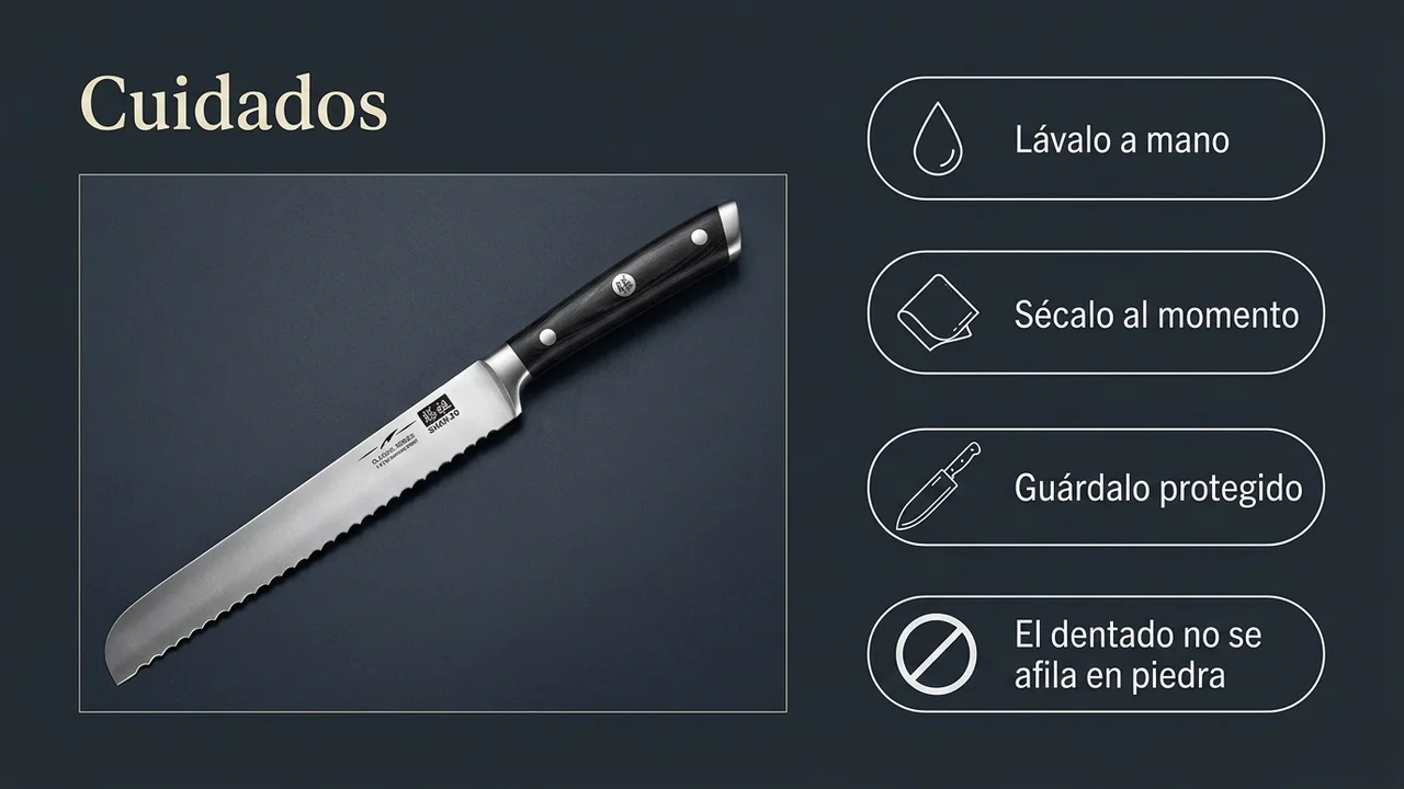 Cuidados del panero SHAN ZU Classic: lavar a mano, secar al momento, guardar protegido y no afilar el dentado en piedra