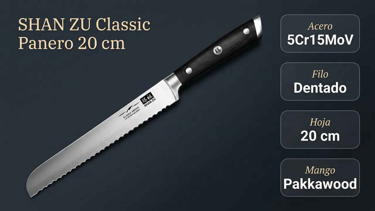 Datos del panero SHAN ZU Classic: acero 5Cr15MoV, filo dentado de 20 cm y mango de pakkawood