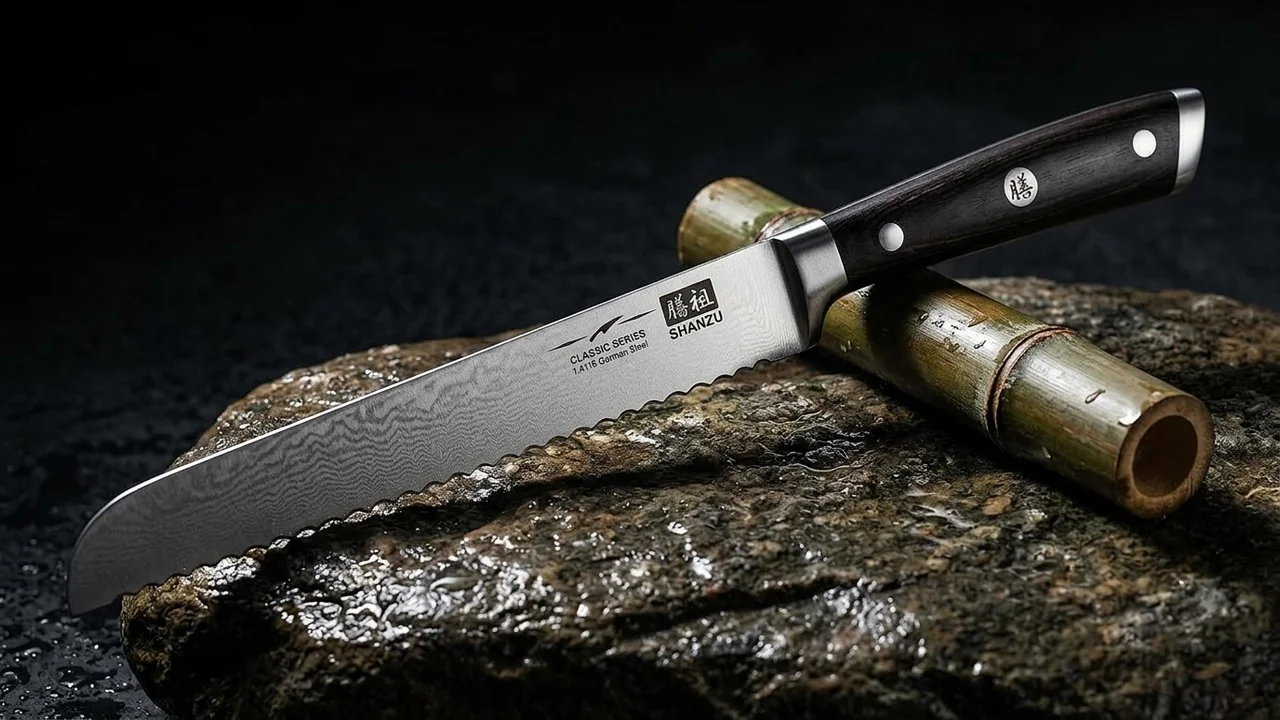 SHAN ZU Cuchillo Panero 20 cm Serrado, Acero Inoxidable Alemán 5Cr15MoV, Mango Pakka