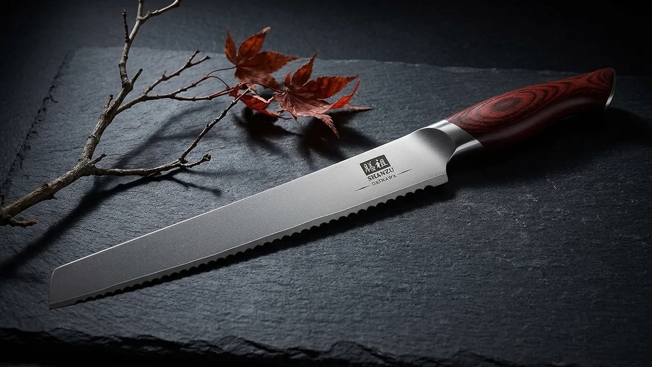 SHAN ZU Cuchillo Panero 25 cm OKINAWA, Acero 5 Capas 10Cr15MoV Serrado, Mango Pakka