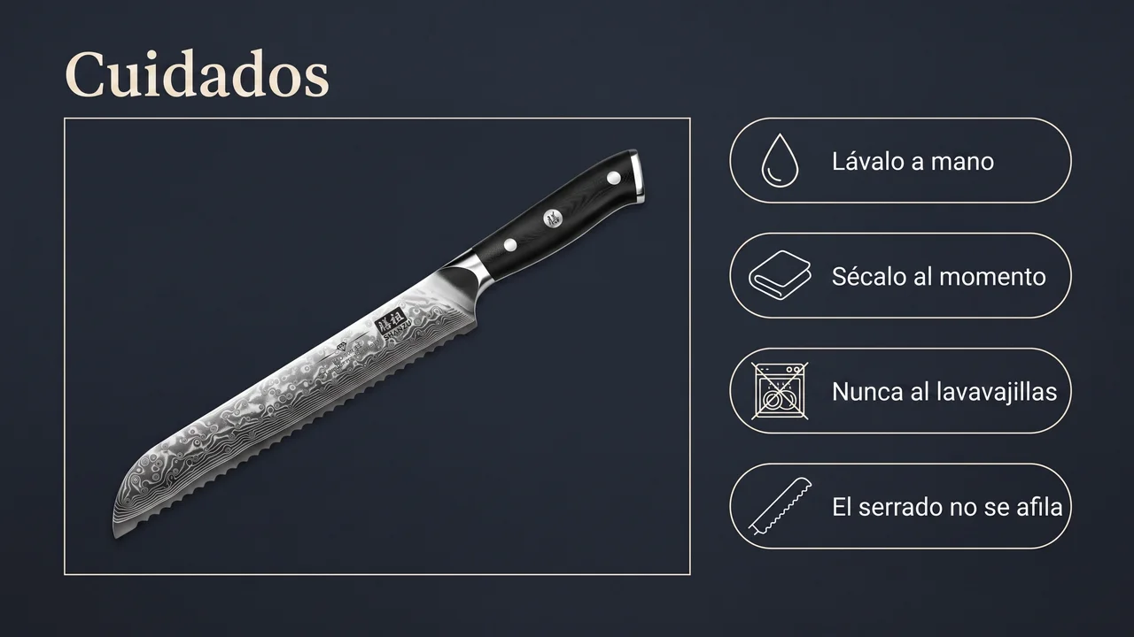 Cuidados del panero SHAN ZU PRO: lavado a mano, secado inmediato, nunca al lavavajillas y el filo serrado no se afila