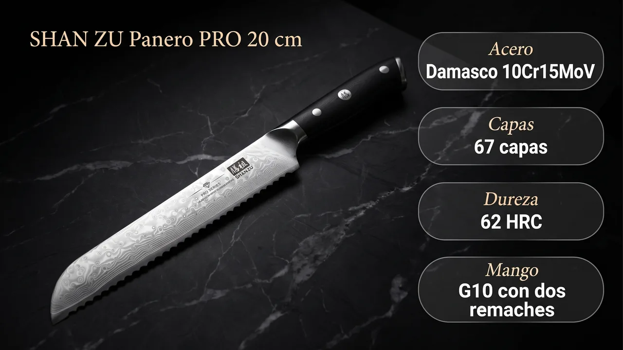 Ficha tecnica del panero SHAN ZU PRO: damasco 10Cr15MoV de 67 capas, 62 HRC y mango de G10