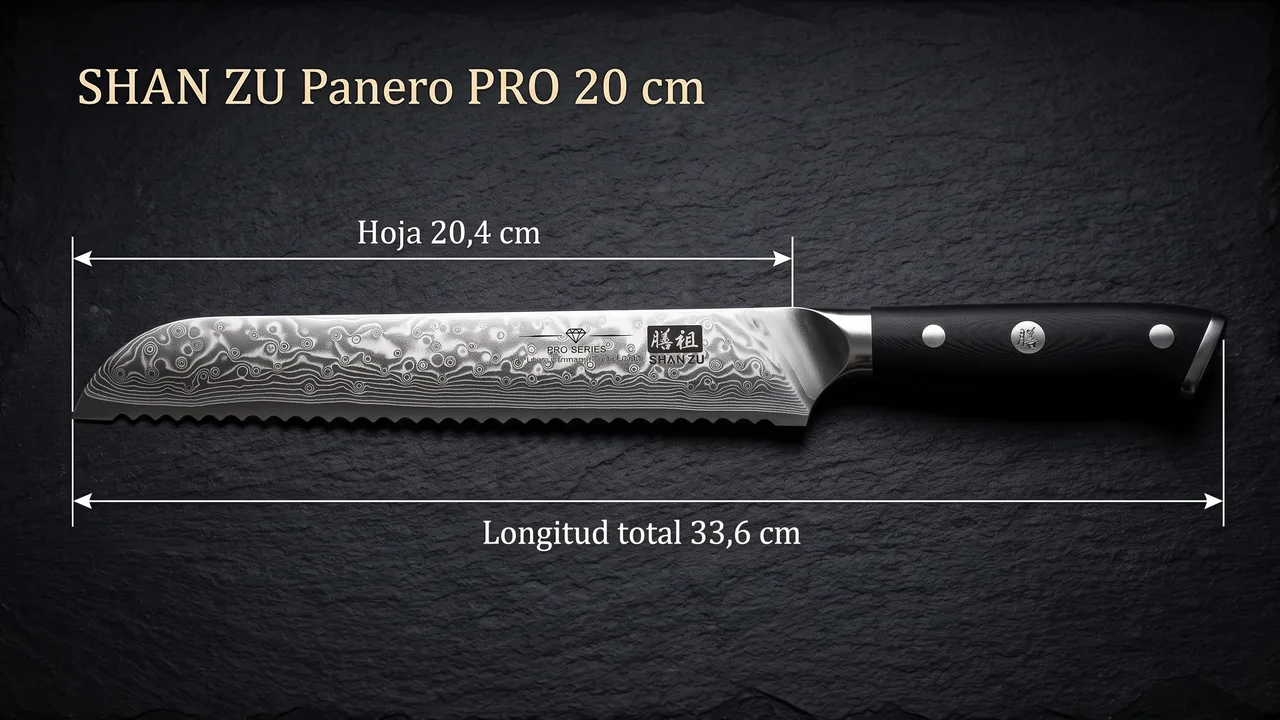 Medidas del panero SHAN ZU PRO: hoja dentada de 20,4 cm y 33,6 cm de longitud total