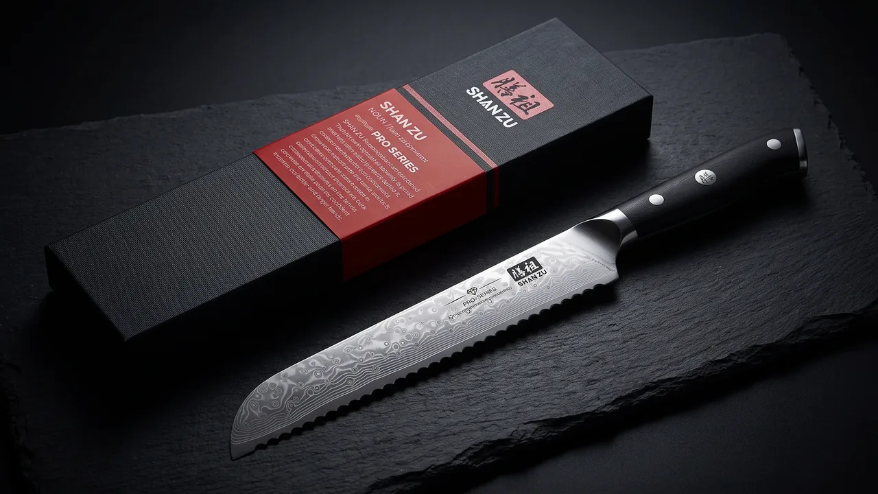 Cuchillo panero SHAN ZU PRO junto a su caja negra con la banda roja de la marca